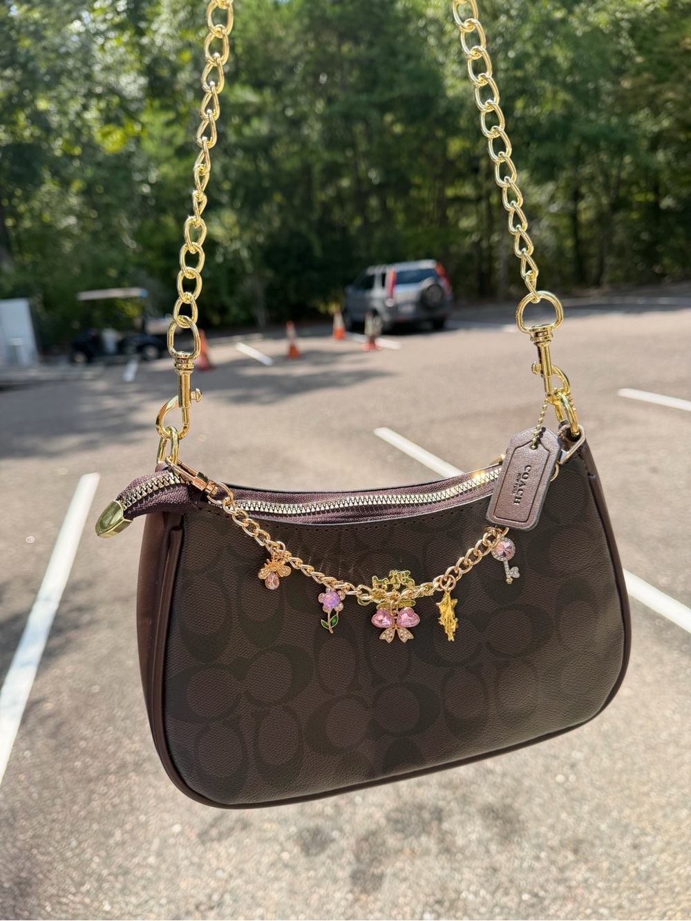 Coach Brown Signature Canvas Mini Shoulder Bag with Charm Chain